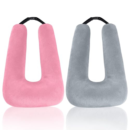 Image of 2PCS Travel Pillow,Car Pillow on Road Trip,Pink+Grey | Car Travel Essentials Sleeping Pillow for Kids and Adults with Adjustable Strap,Plush Faux Fur, High-Resilience PP Cotton