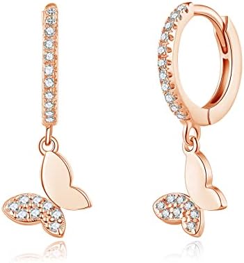 CZ Butterfly Earrings Dangle Hoop for Women - Rose Gold Plated Sterling Silver Small Huggie Hoop Earring with Drop Charm for Teen Girls