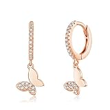 CZ Butterfly Earrings Dangle Hoop for Women - Rose Gold Plated Sterling Silver Small Huggie Hoop Ear