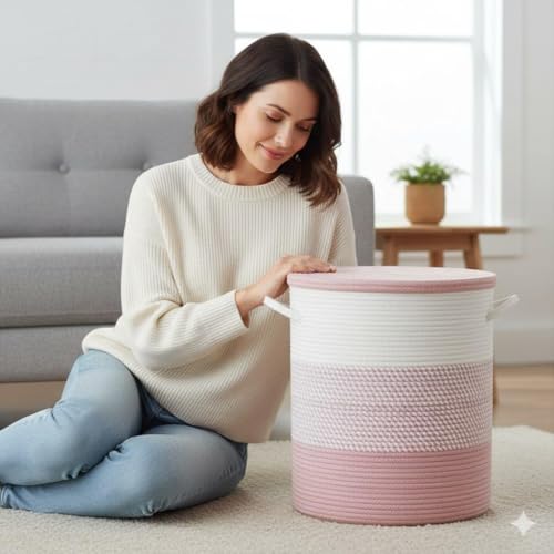 Image of lid Laundry Basket for Clothes, Toy Storage Basket, Storage Basket for Living room, Multi-Purpose, Extra Large Laundry Basket, Dirty Cloth Baskets, 15x20 in inch (LXH) (BG4)