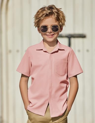 Image of Arshiner Boys Short Sleeve Dress Shirts Solid Button Down Shirts | formal Uniform School Shirt, for 4-12 Years, Hidden Buttons, with Chest Pocket, Regular Fit, Summer Tee top for Kids