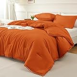 Litanika Queen Size Comforter Set Burnt Orange,3 Pieces Burnt Orange Boho Pom Pom Lightweight Bed Comforter, All Season Solid Color Bedding Comforter Sets (1 Comforter 90x90 Inch, 2 Pillowcases)