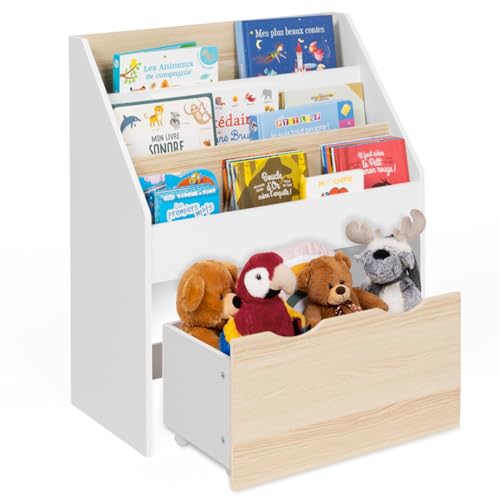 IDMarket - Meuble de Rangement bibliothèque Enfant Mana 3 étagères et 1 bac sur roulettes Blanc et hêtre