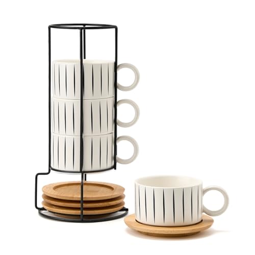 LUKA 6 Ounce Porcelain Stackable Espresso Cups with Saucers and Metal Stand Set of 4, Ceramic Cappuccino Cups Set for Specialty Coffee Drinks, Latte, Cafe Mocha and Tea, Stripes, White