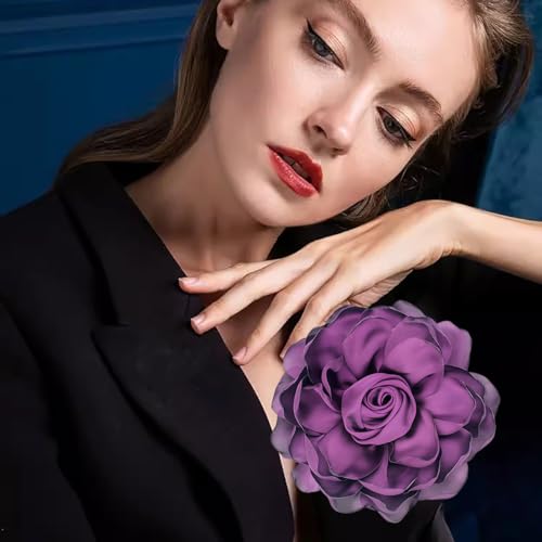 Image of Extra Large Satin Fabric Flower Brooch for Women Elegant Rose Camellia Floral Brooch Pin Handmade Big Satin Fabric Flower Statement Brooch Pin Vintage Clothing Hat Bag Accessories Christmas Wedding Bridal Birthday Jewelry