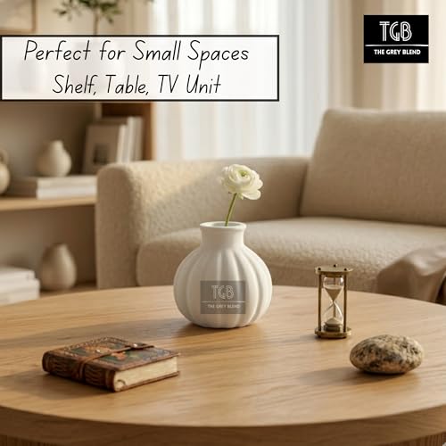 Image of Small Vase for Home (7.5x7.5 cm) | White Aesthetic Flower Vase for Living Room, Coffee Table & Shelf | Minimal Handmade Concrete Pumpkin Vase for Modern Interiors