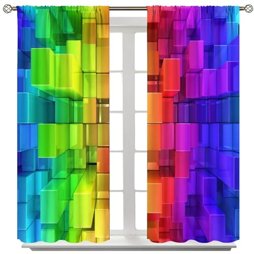 SHElifestyle Colorful Rainbow Wall Curtain for Kids, Abstract Brick Window Treatments Modern Geometric Brick Plaid Square Shaped Window Drapes for Girls Boys Bedroom Living Room Playroom W42 X L54