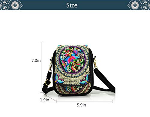 Women Ethnic Embroidered Handmade Mini Canvas Crossbody Shoulder Boho Travel Handbag Cell Phone Purse Wallet, Multicolor, 5.9 * 1.9 * 7.0 inch2