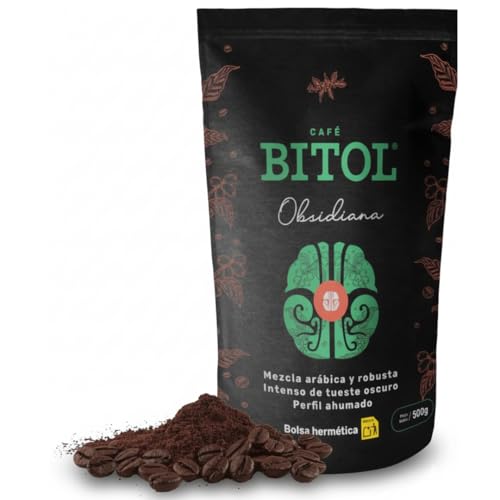 BITOL | Café Molido Intenso Sabor Fuerte | Perfil Ahumado, Mezcla de Granos Arábica y Robusta, Tueste Oscuro, Energía Natural Diaria | Origen Múltiple a Gran Altitud | Para Cafeteras | OBSIDIANA, 500g