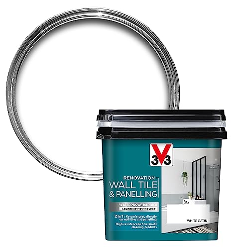 V33 Renovation Wall Tile & Panelling Paint - No Undercoat Needed - for High Moisture Surfaces - Resistant to Temperature Variations - White Satin 750ml