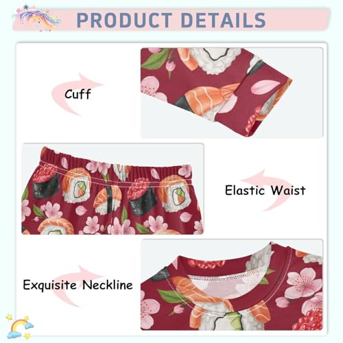 Pajama Sets Long Sleeve Sushi Pattern Pink Flowers Soft Comfy Sleepwear 2 Piece PJS 3-8T4