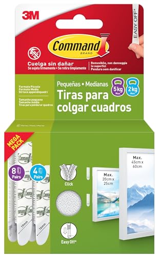 Command Tiras Adhesivas Para Colgar Cuadros, 4 Pares De Tiras Pequeñas Y 8 Medianas Blancas - Para Marcos, Espejos Y Otros Adornos - Colgar Sin Agujeros Ni Taladrar