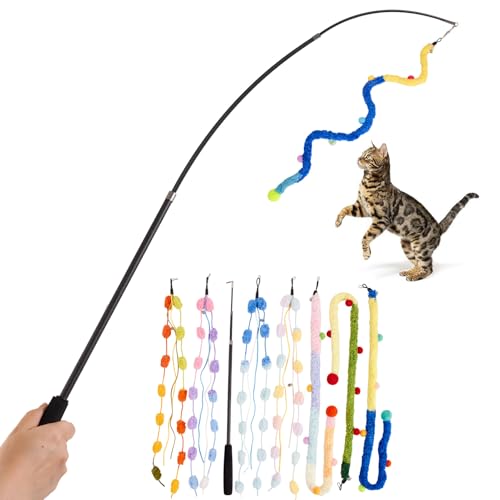 PATTEPOINT Cat Wand Toy, 8Pcs Retractable Plush Srtip Cat Teaser Wand Toys with Bell & String, Long Interactive Wand Toys for Indoor Kitten, Exercise
