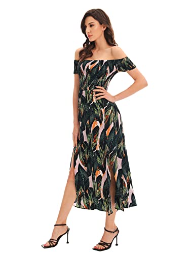 Floerns Women's Boho Floral Print Off Shoulder Split Long A Line Dress Green Leaf S #TOP2