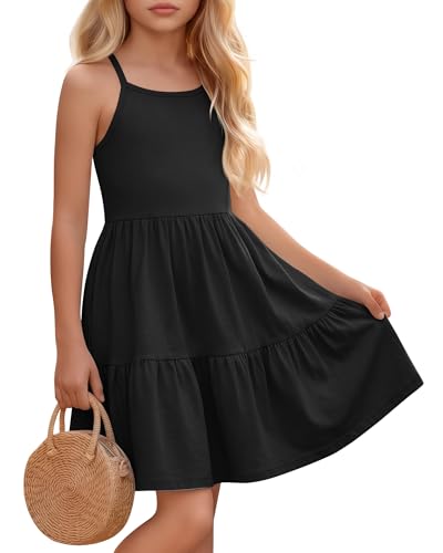 Xaatren Girls Summer Dresses Sleeveless Knit A-Line Ruffle Sundresses Casual Flowy Swing Twirl Criss Cross Back Midi Dress(Black 5-6 Years)