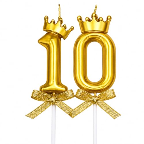 Image of Number Candles with Crown 3 inch for Birthday Parties, Wedding, Engagement, Celebrations, Theme Party, Bridal Shower, Bachelorette, Bachelors Decoration Gold (Numerical No 10)