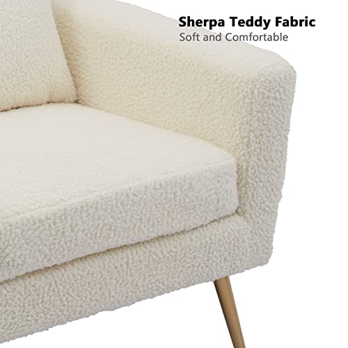 Mikibama Mid Century Modern Accent Chair Upholstered Reading Chair Armchair With Metal Legs And Throw Pillow Side Chair For Living Room Bedroom Office (Ivory,Teddy Fabric) #TOP5