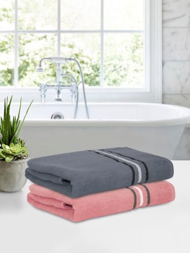 Image of Cortina 480 GSM Ultra Soft, Super Absorbent, Antibacterial Treatment, 100% Cotton Large Bath Towel, 70 cms x 140 cms, (Grey /Pink, Set of 2)