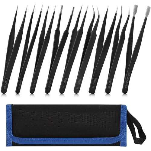 9 Pcs Precision Tweezers Set with Bag, Stainless Steel Anti-Static Stainless Steel Esd Medical Tweezers for Lab, Electronics, Jewelry, Crafting, Nail Art, Hair Removal and Detailed Work - Anti Static