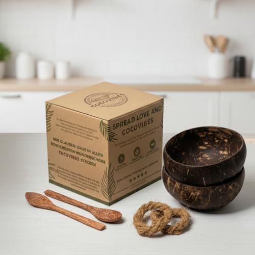 cocovibes Kokosnuss Bowls - 2er Set Müslischalen, Smoothie Kokosnuss Schalen mit Anti-Kipp-Ring & Holzlöffel – nachhaltige Dessert & Buddha-Schalen (CLASSIC-2)