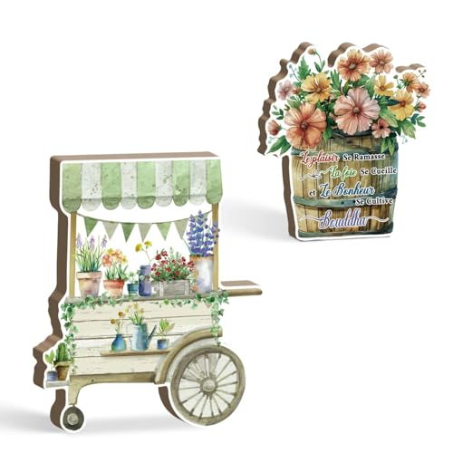 Putuo Decor Décoration Printemps 2 Pièces – Chariot Fleuriste Vintage, Panneau Bouquet Citation – Ornement Table, étagère, Bureau, Salon – Idée Cadeau Maison,...
