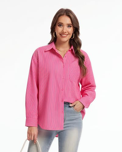 Fyralis Women's Striped Button Down Shirt, Long Sleeve Collared Office Work Blouse with Pocket, Cotton, Casual (US, Alpha, Large, Regular, Regular, Rose Red) — view 6
