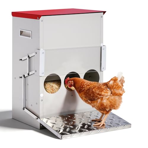 Chicken Feeder No Waste 45lbs Large Automatic Chicken Feeder with Anti-Bully Ports and Weatherproof Lid Metal Treadle Poultry Feeder for Hen Duck Fowl Pheasant Outdoor Portable