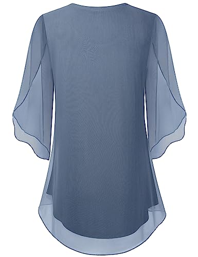 Sese Code Womens Flowy Tops Plus Size Evening Formal Scoop Neck Chiffon Blouse Sheer Mesh Shirt Bell Sleeve Tops For Women Spring Casual Tunic 2022 Blue Grey 3Xl #TOP2