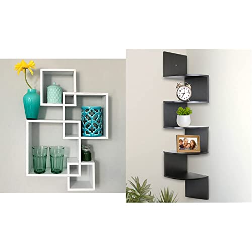 Greenco White Floating Cube Intersecting Mounted Wall Decor Square Shelves For Bedrooms, 25.5 Inch & Corner Shelf Unit Wall Mount 5 Tier Wood Floating Shelves, Easy-To-Assemble Tiered Wall Storage #TOP29