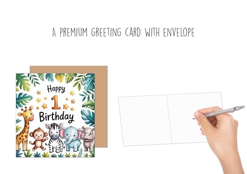 Edition Seidel Premium quadratische Glückwunschkarte zum 1. Geburtstag mit Umschlag. Geburtstagskarte Karte mit englischem Text Happy Birthday Billet Karte für Mädchen Junge Kind Tiere (GQ526 SW025)