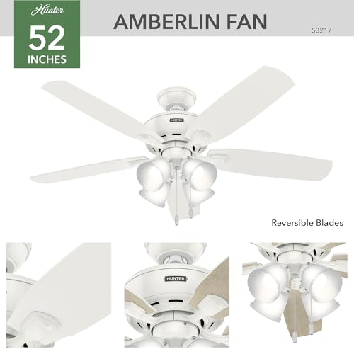 Image of Hunter Amberlin, Indoor, Ceiling Fan, with LED Lights, 52 inch, Fresh White