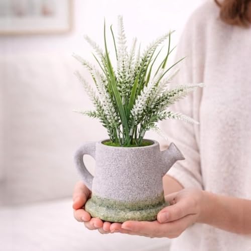 Image of Garden Art Artificial Heather Flower Spray in Shaded Watering Can Planter - Rustic Faux Floral Tabletop Centerpiece for Home, Office, Shelf & Desk Decor (P-0130White)