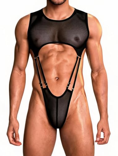 Avidlove Men Sexy Lingerie High Cut Fishnet Bodysuit One Piece Lingerie Top Club Rave Outfits Black M