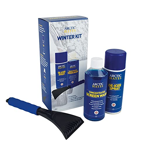 Arctic Hayes 3 Pieces Winter Essential Car Care Kit with De-Icer Spray (400ml), Ice Scraper & Concentrated Screen Wash (500ml)