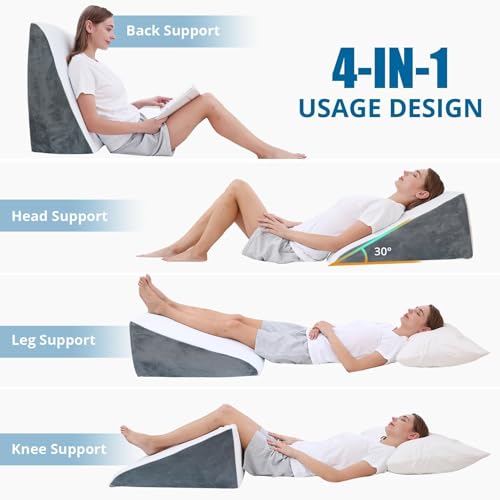 Image of Sasttie Wedge Pillow 24x24x12 inch, Memory Foam Bed Wedge, Dark Grey | Triangle Pillow for Sleeping, Acid Reflux, Back Pain, Post-Surgery, and Snoring, Designed with Removable Washable Cover