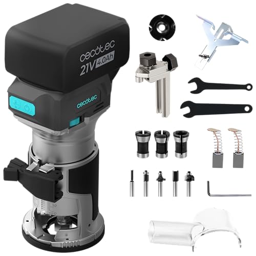 Cecotec Fresadora de Madera a Batería MultiShape 2000 Liberty. Batería Nexus 21V 4Ah, Motor Sin Escobillas Brushless, 5 Fresas, Cabezales 6/6,35/8mm, Cuerpo Aluminio, Profundidad y Velocidad Regulable