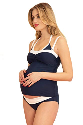 MAMARELLA Umstandsbademode Dreiteiler im Vintage Look M, Umstandstankini und Umstandsbikini in einem Set, Cups mit herausnehmbaren Polstern, für Schwangerschaft und Stillzeit, extra elastisch Cover