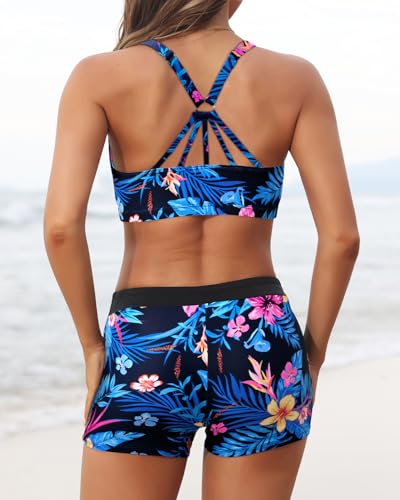 Image of 3 Piece Swimsuits Open Tie Back Tankini Top And Athletic Swim Shorts | Supportive Strappy Swim Bra, Adjustable Straps, Removable Pads, Tummy Control Boyshorts, Quick Dry Fabric, XXS-20 Plus