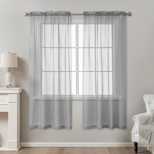 Image of Grey Sheer Curtains 72 Inches Long, Privacy Semi Sheer Curtains for Living Room Bedroom, Light Filtering Rod Pocket Voile Window Drapes 2 Panels Set, Each 42 inch W x 72 inch L