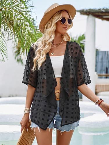 Image of Womens Summer Open Front Half Sleeve Lightweight Swiss Dots Cardigan Loose Kimono Sheer Beach Cover Up