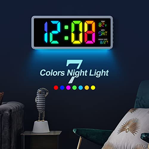 16" Large Colorful Digital Wall Clock | 7 Night Lights | 5 Dimmer, Big Led Display With Day Of Week | Date | Indoor Temperature | Dst, Clear Read Clock For Living Room Bedroom Office Gym Farmhouse #TOP6