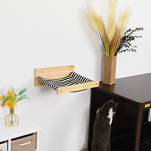 Coziwow Cat Hammock Wall Mounted Cat Beds And Perches, Wood Pet Shelf Furniture For Sleeping Playing Lounging, Holds Up To 40Lbs, 16" L X 14" W, Black Linen With Beige Stripes #TOP1