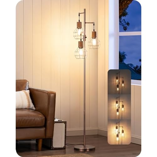 EDISHINE Dimmable Rustic Floor Lamp, Farmhouse Standing Lamp with 3 LED Edison Bulbs, Rattan Design Floor Lamps for Living Room, Bedroom, Reading Corner, Office, Brown