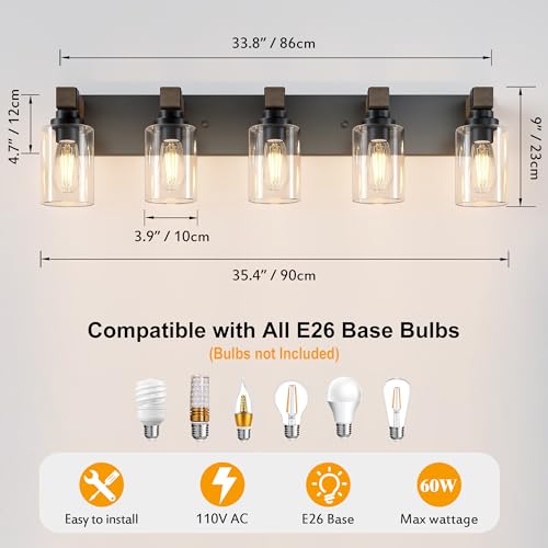 Image of Farmhouse Bathroom Vanity Light Fixtures, Rustic 5-Light Wood Vanity Lights for Bathroom, Vintage Black Wall Sconces Lighting, Light fixtures Over Mirror, with Glass Shade