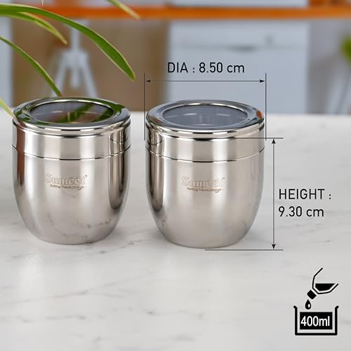 Image of Sumeet Stainless Steel Conical Shape Canisters /Dabba /Storage Containers for Kitchen with See Through Lid, Set of 6 Pcs, 400ml Each, 8.5cm Dia, Silver
