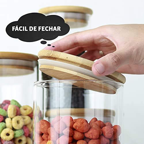 Kit 6 Potes de Vidro 200ML Herméticos Tampa de Bambu com Adesivos e Canetinha