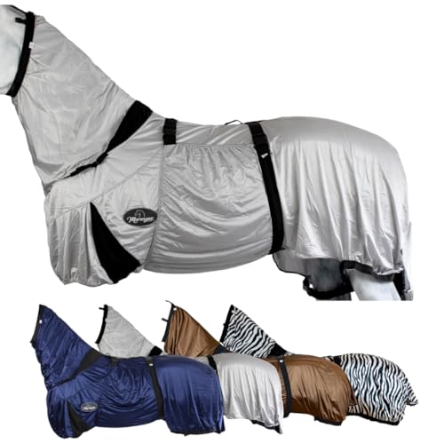 Marengos - Ekzemerdecke mit Halsteil & Bauchlatz – Fliegendecke aus feinmaschigem Gewebe – Schutz v. Insekten – doppelter Frontverschluss & Gehfalte – Pferdedecke in Silbergrau – 125cm