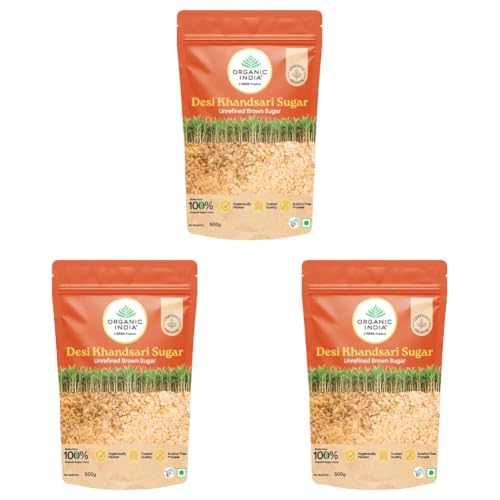 Image of A TATA Product - Organic India Desi Khandsari Sugar, Certified Organic Unrefined Brown Sugar, Made from Organic Sugarcane, Sulphur Free Process, Hygienically Packed, 500 g (Pack of 3)