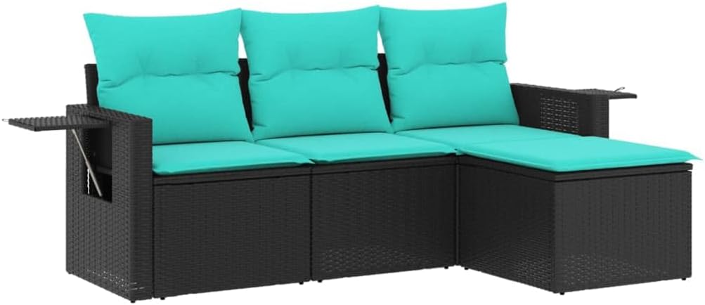 vidaXL Patio Sofa Set with Cushions - 4 Piece Outdoor Black Poly Rattan Garden Furniture, Modular Design, Water- Storage, Washable Covers, Foldable Side Table - Terrace, Deck, Backyard