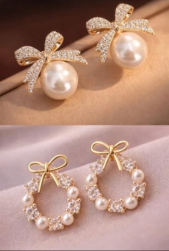 TRENDY Korean Style Fashion Earrings Set, Pearl and Crystal Bow Design, Women's Jewellery Accessories, 2 Pairs